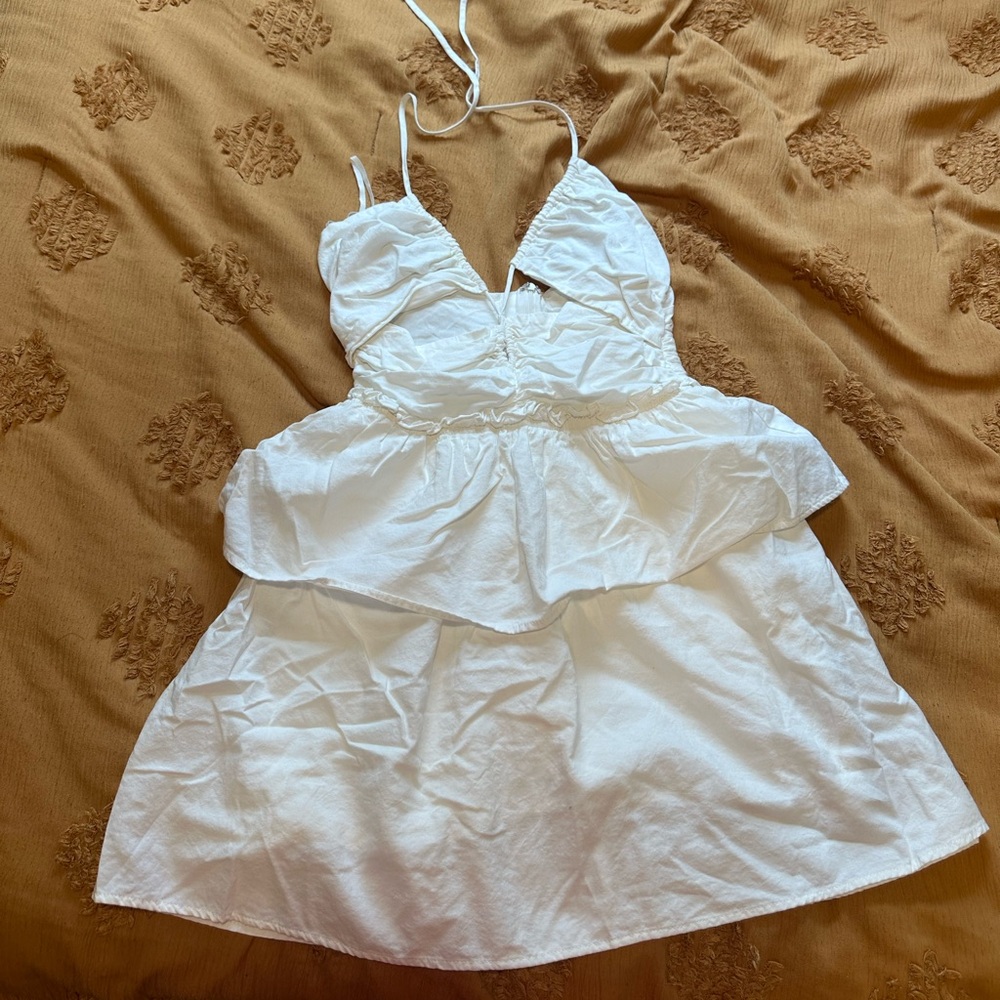 Line and Dot Strappy White Peplum Halter Mini Dress